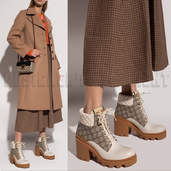 GUCCI 41 beige GG canvas quilted Leather TRIP logo platform Combat ankle Booties - Picture 1 of 14